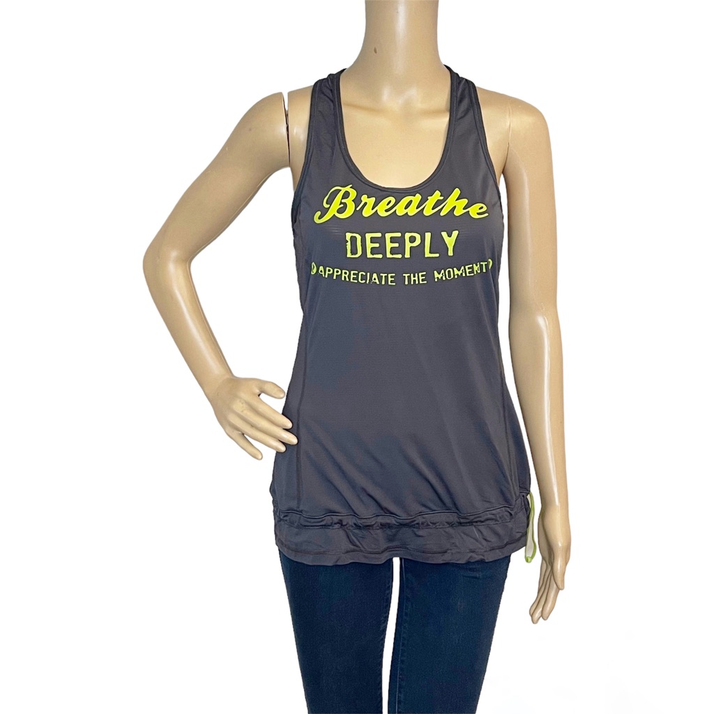 Lululemon Athletica Gray Tank Top With Yellow “Breathe Deeply” Yoga Shirt